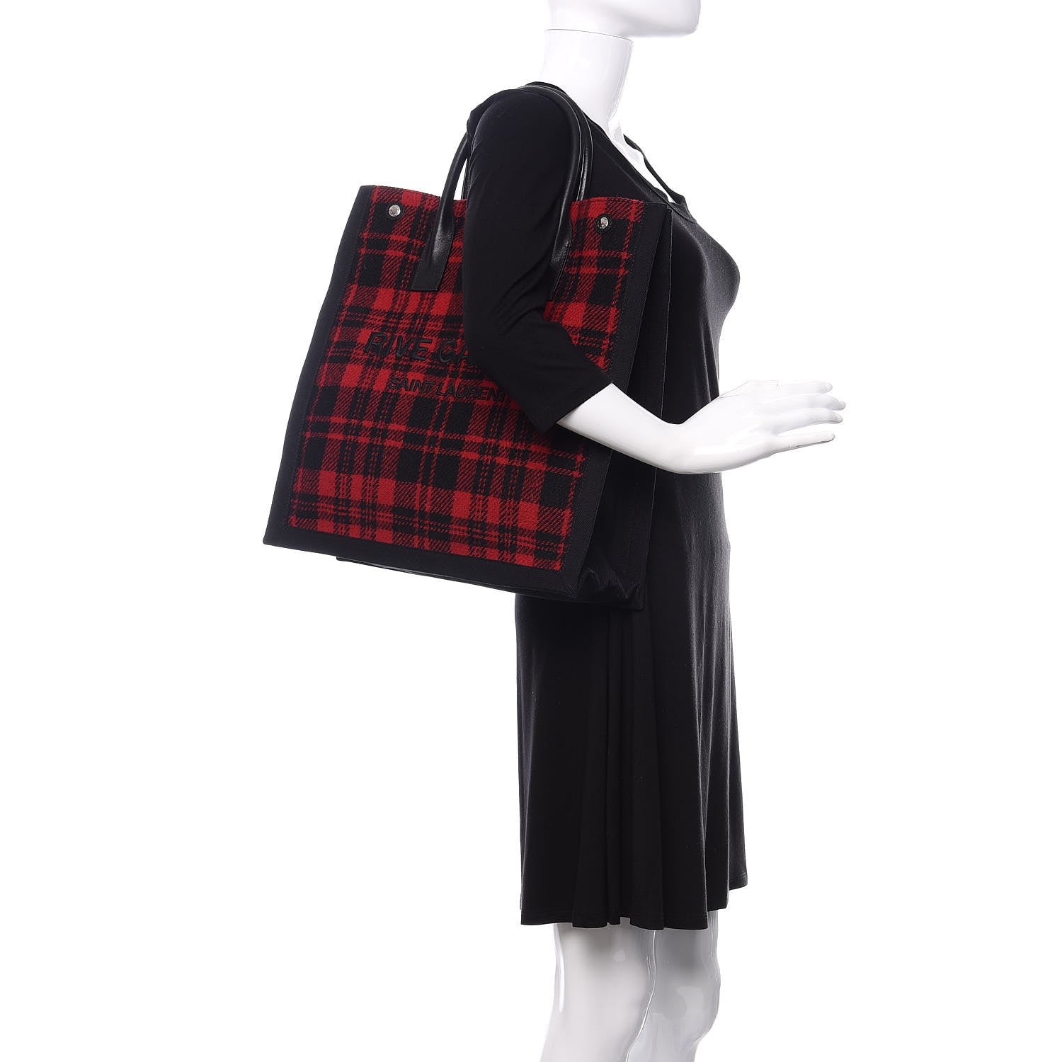 Saint Laurent Wool Tartan Rive Gauche Noe Tote Red Black 2 of 10