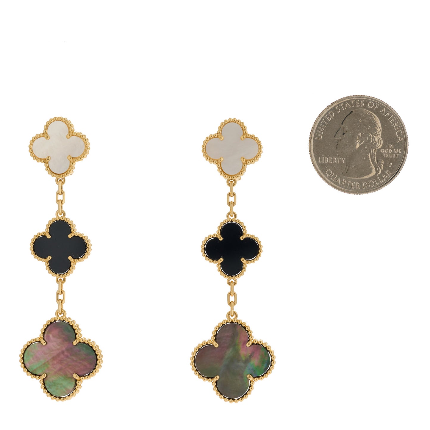 18K Yellow Gold Mother of Pearl Black Onyx 3 Motifs Magic Alhambra Earrings