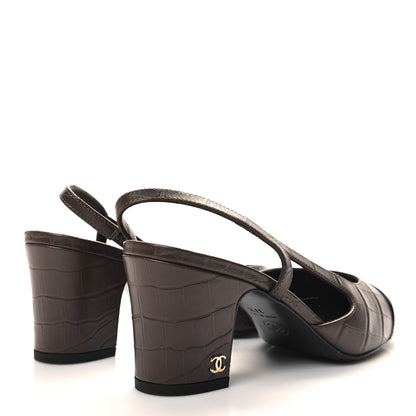 Chanel Calfskin Crocodile Embossed Patent Cap Toe CC Slingback Pumps 37.5 Chocolate Black 4 of 8