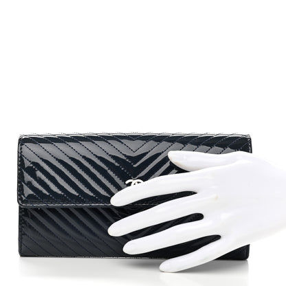 Chanel Patent Chevron Quilted Large Gusset Flap Wallet Navy 2 of 10