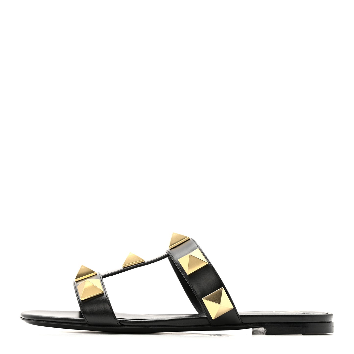 Calfskin Roman Stud Flat Slide Sandals 37 Black