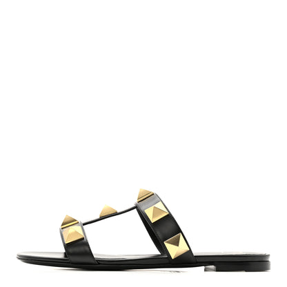 Valentino Garavani Calfskin Roman Stud Flat Slide Sandals 37 Black 1 of 10