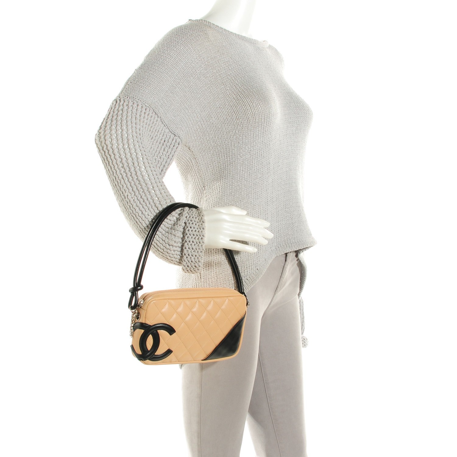 Chanel Calfskin Quilted Cambon Pochette Beige Black 2 of 8