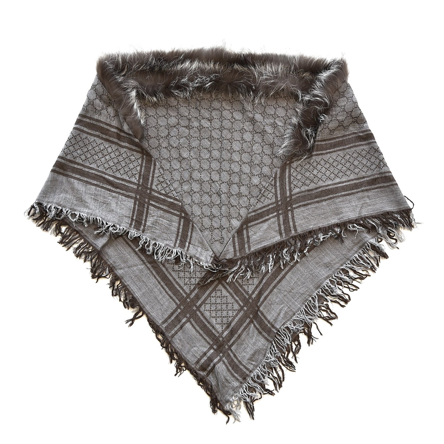 Wool Silk Fox Fur Monogram Shawl Scarf Brown