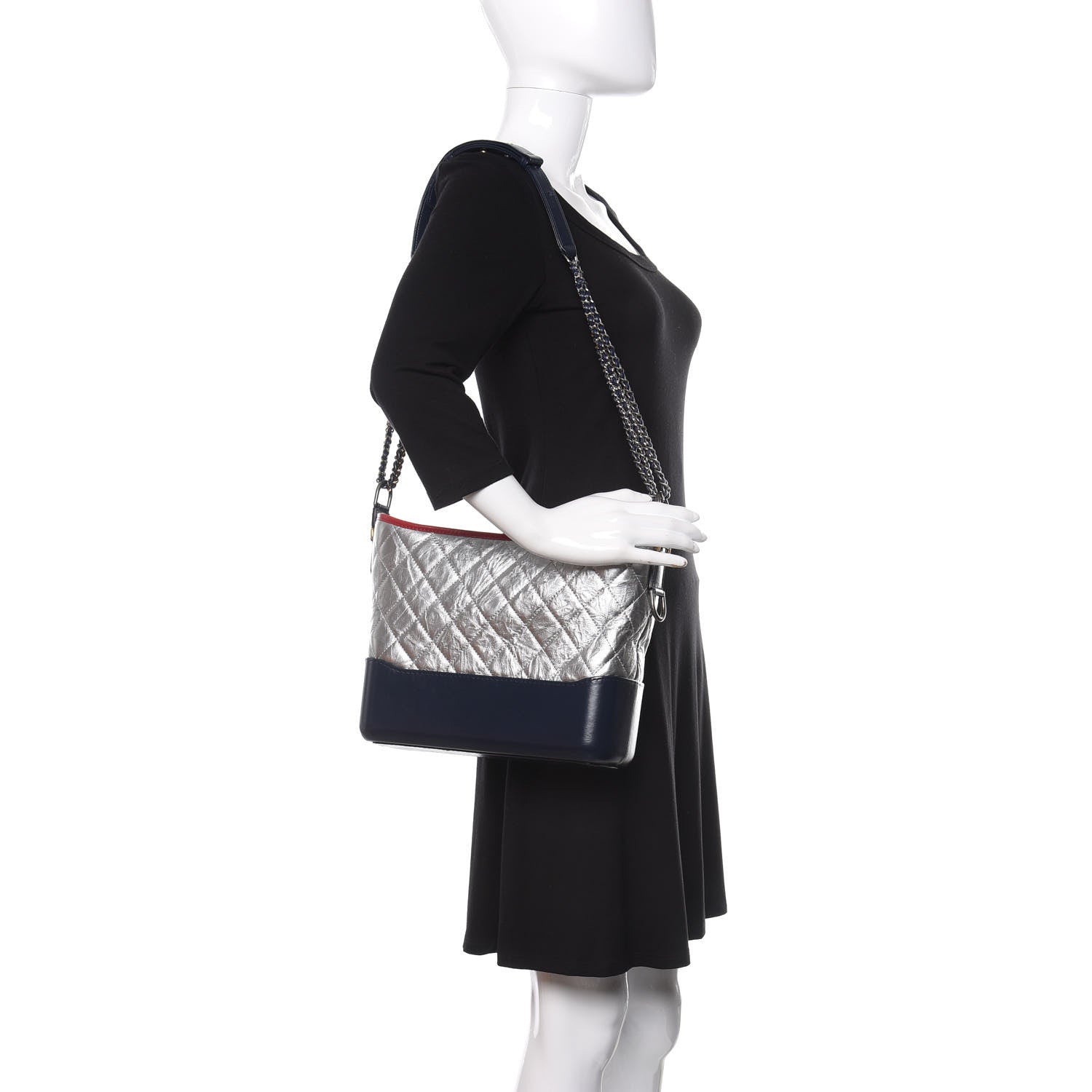 Chanel Metallic Aged Calfskin Quilted Medium Gabrielle Hobo Silver Navy Red 2 of 9