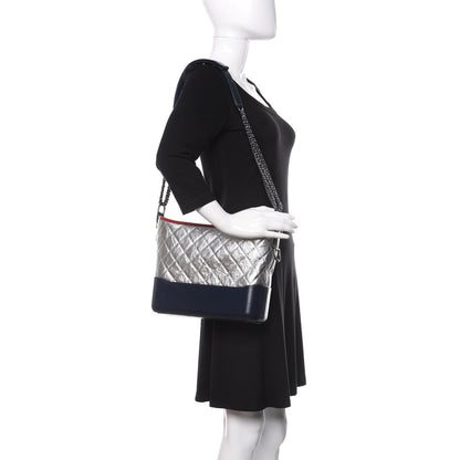 Chanel Metallic Aged Calfskin Quilted Medium Gabrielle Hobo Silver Navy Red 2 of 9