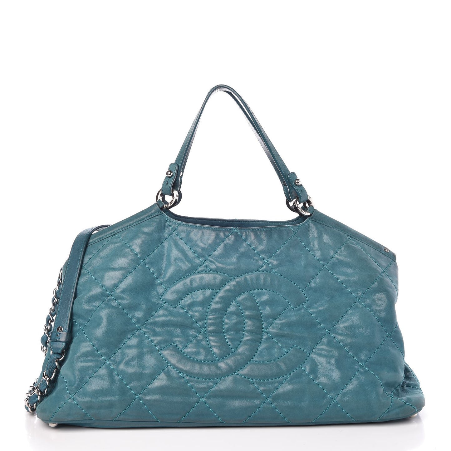 Iridescent Calfskin Quilted Small Sea Hit Tote Blue
