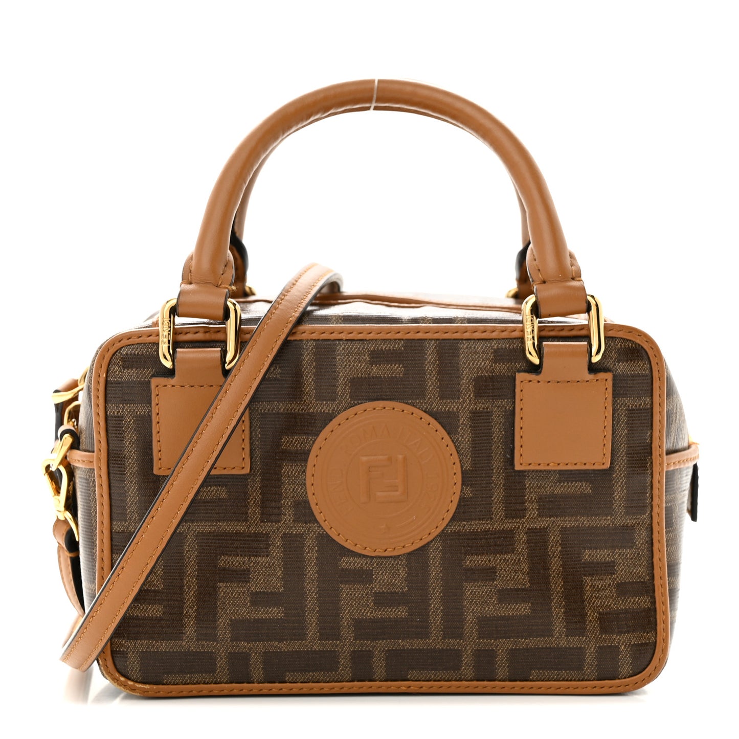 Glazed Fabric Vitello Century FF 1974 Stamp Patch Mini Boston Box Bag Mogano Panna Caramello