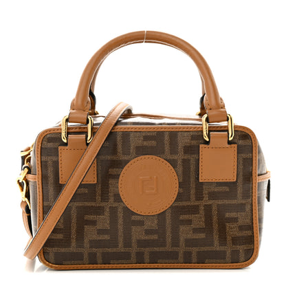 Fendi Glazed Fabric Vitello Century FF 1974 Stamp Patch Mini Boston Box Bag Mogano Panna Caramello 1 of 13