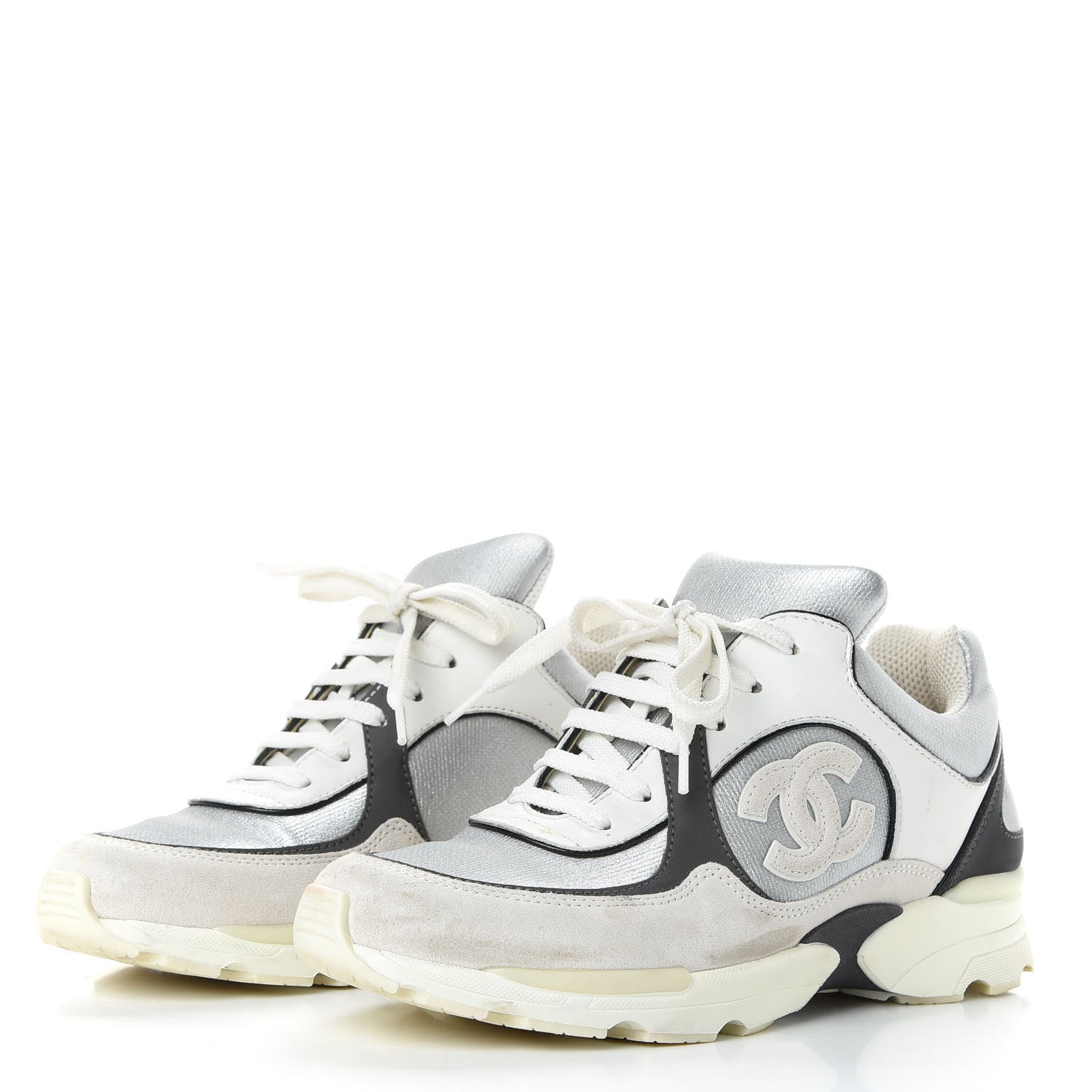 Chanel Suede Calfskin CC Sneakers 36 Black White Silver 3 of 11