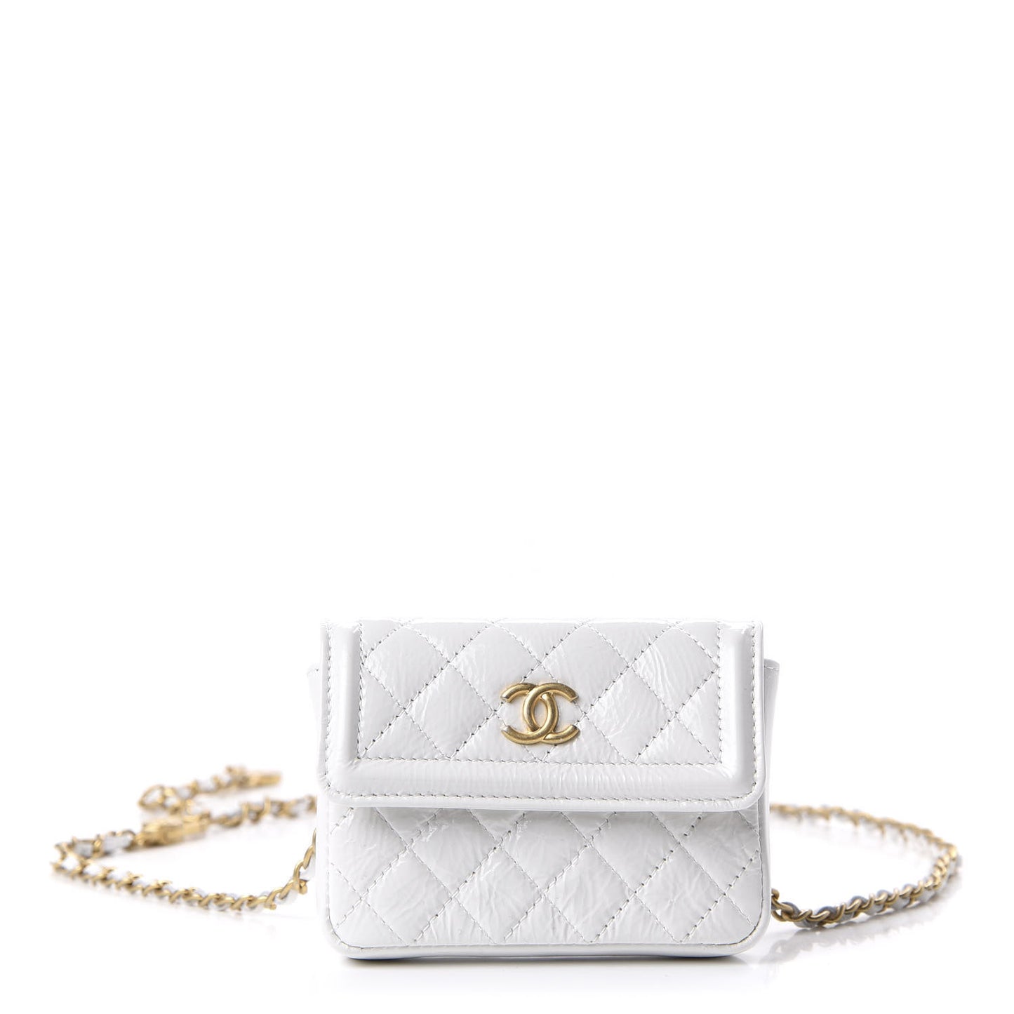 Shiny Aged Calfskin Quilted Waist Belt Bag White