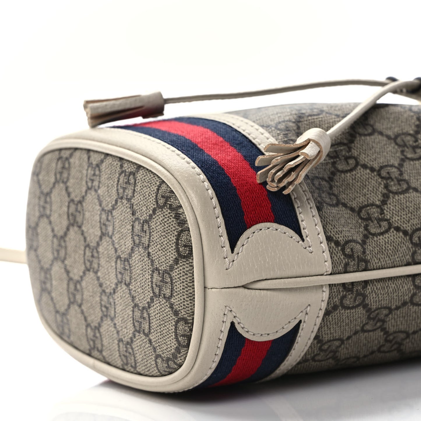 GG Supreme Monogram Textured Calfskin Web Mini Ophidia Bucket Bag Beige Ebony Mystic White