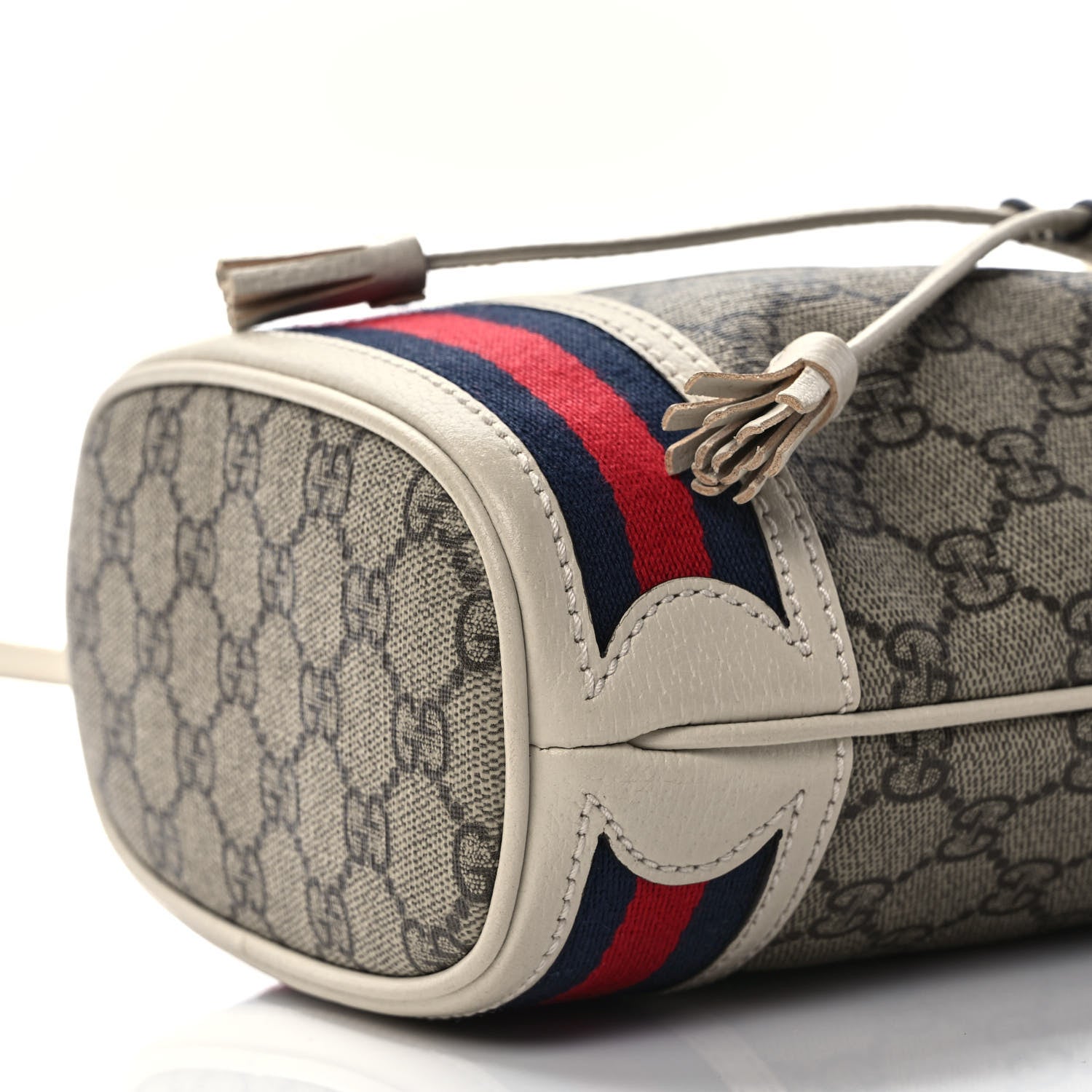 Gucci GG Supreme Monogram Textured Calfskin Web Mini Ophidia Bucket Bag Beige Ebony Mystic White 8 of 9