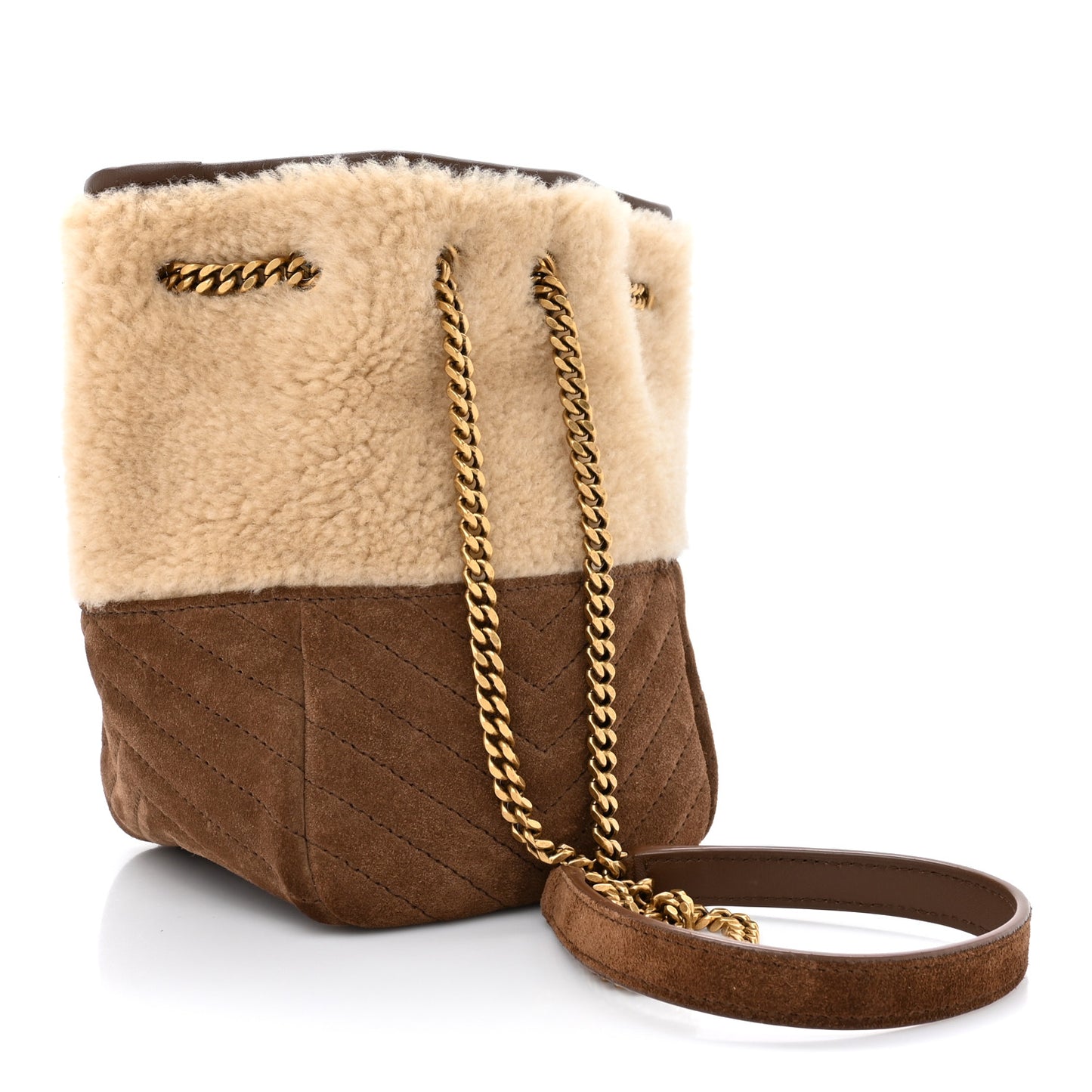 Shearling Suede Monogram Joe Nano Bucket Bag Dark Cigar Natural Beige