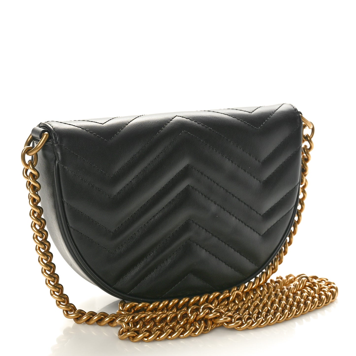 Calfskin Matelasse Mini GG Marmont Chain Half Moon Crossbody Bag Black