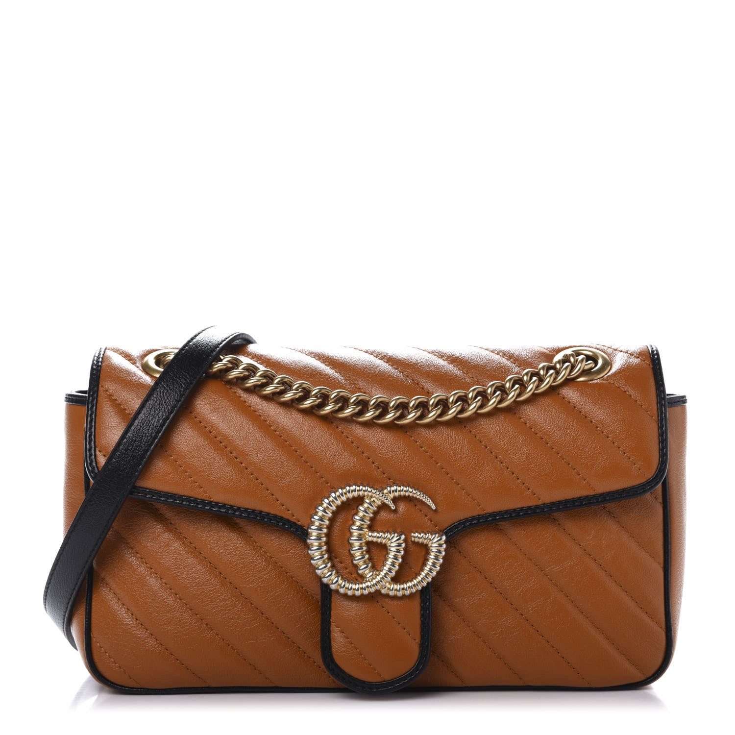 Gucci Vintage Effect Calfskin Matelasse Diagonal Small Torchon GG Marmont Shoulder Bag Cognac Black 1 of 12