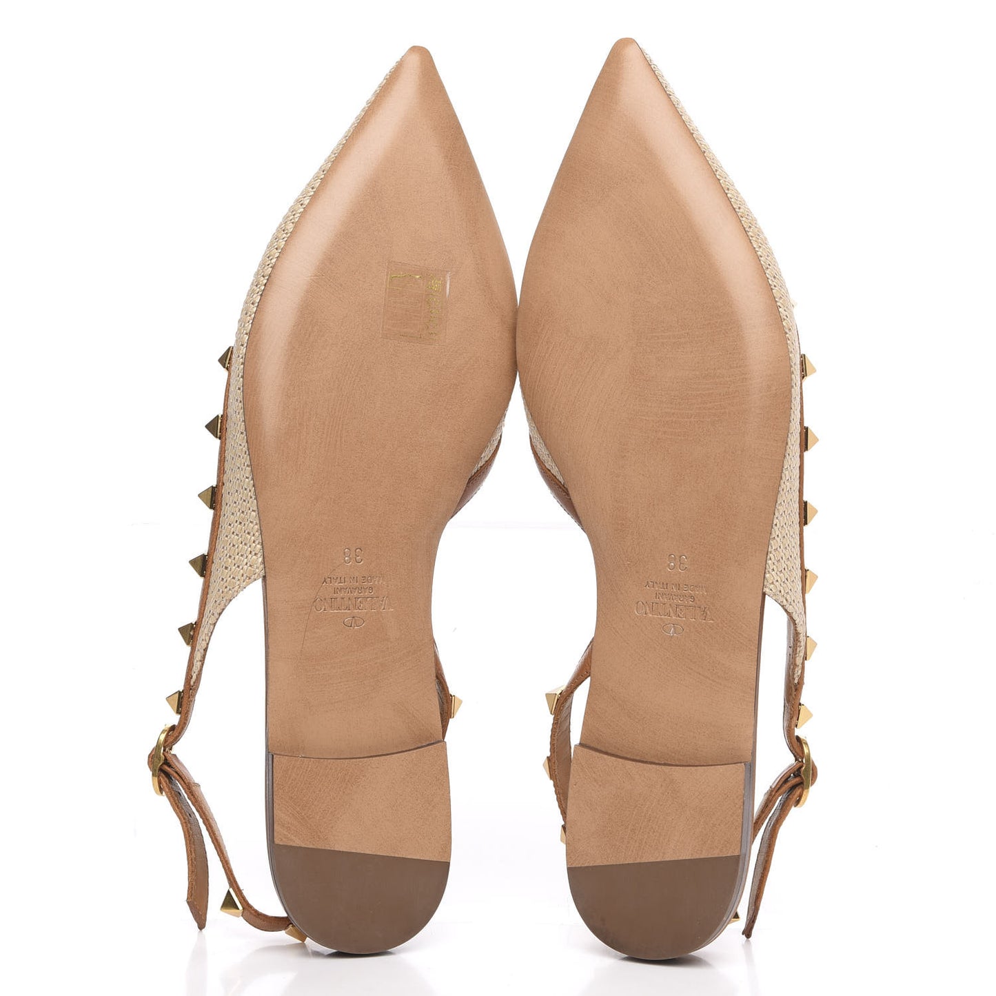Raffia Calfskin Rockstud Slingback Flats 38 Naturale