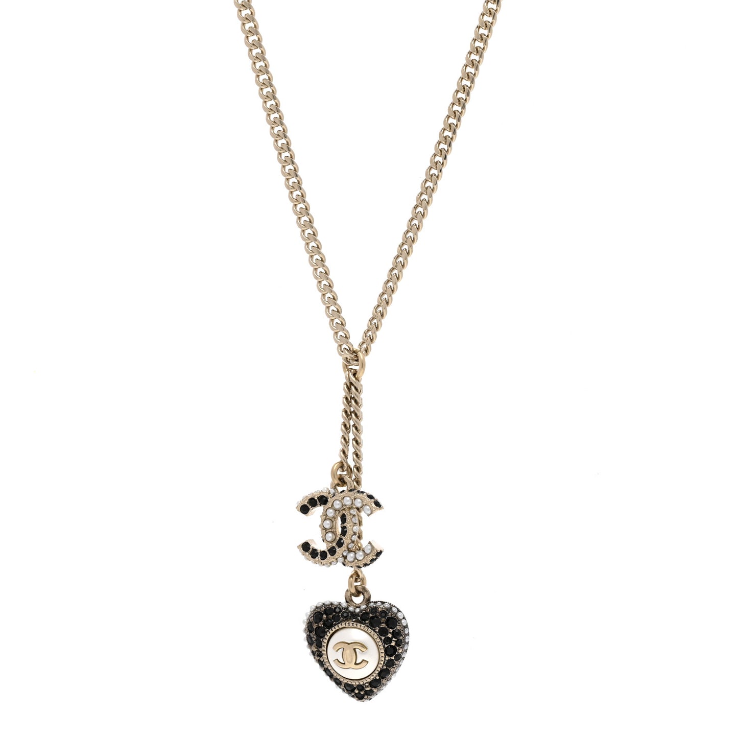 Pearl Crystal CC Heart Necklace Gold Pearly White Black