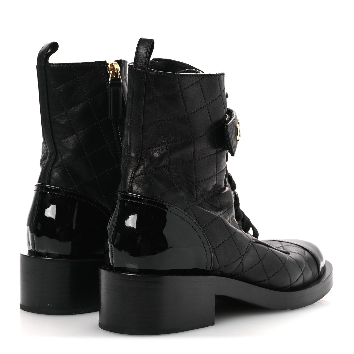 Chanel Lambskin Patent Calfskin Quilted Logo Lace Up Combat Boots 38 Black 5 of 11