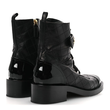 Chanel Lambskin Patent Calfskin Quilted Logo Lace Up Combat Boots 38 Black 5 of 11