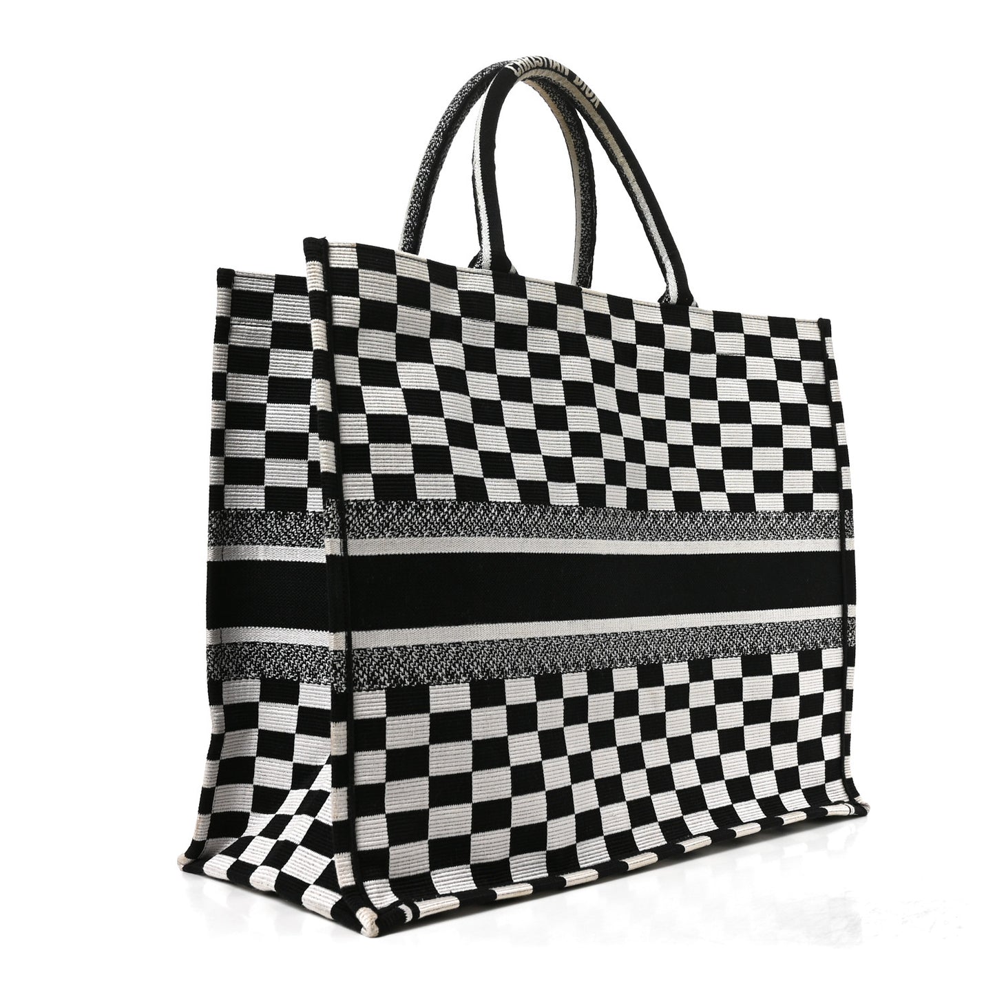 Canvas Embroidered Checkered Book Tote Black White