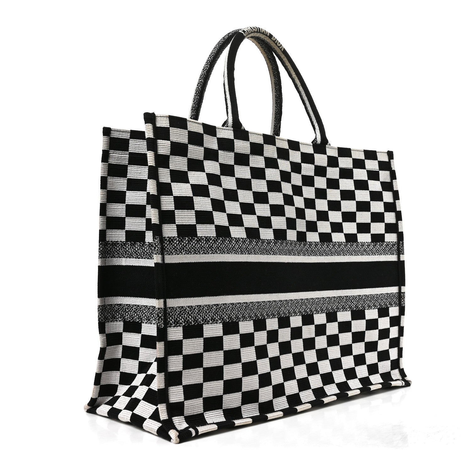 Christian Dior Canvas Embroidered Checkered Book Tote Black White 3 of 11