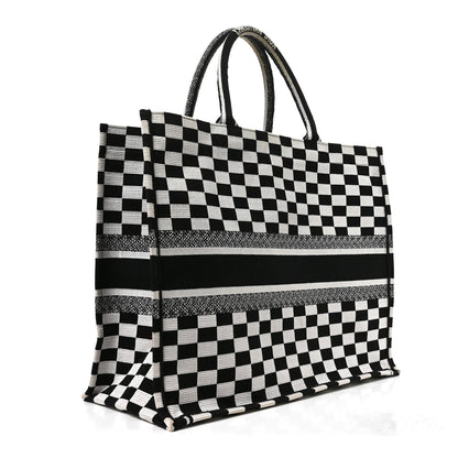Christian Dior Canvas Embroidered Checkered Book Tote Black White 3 of 11