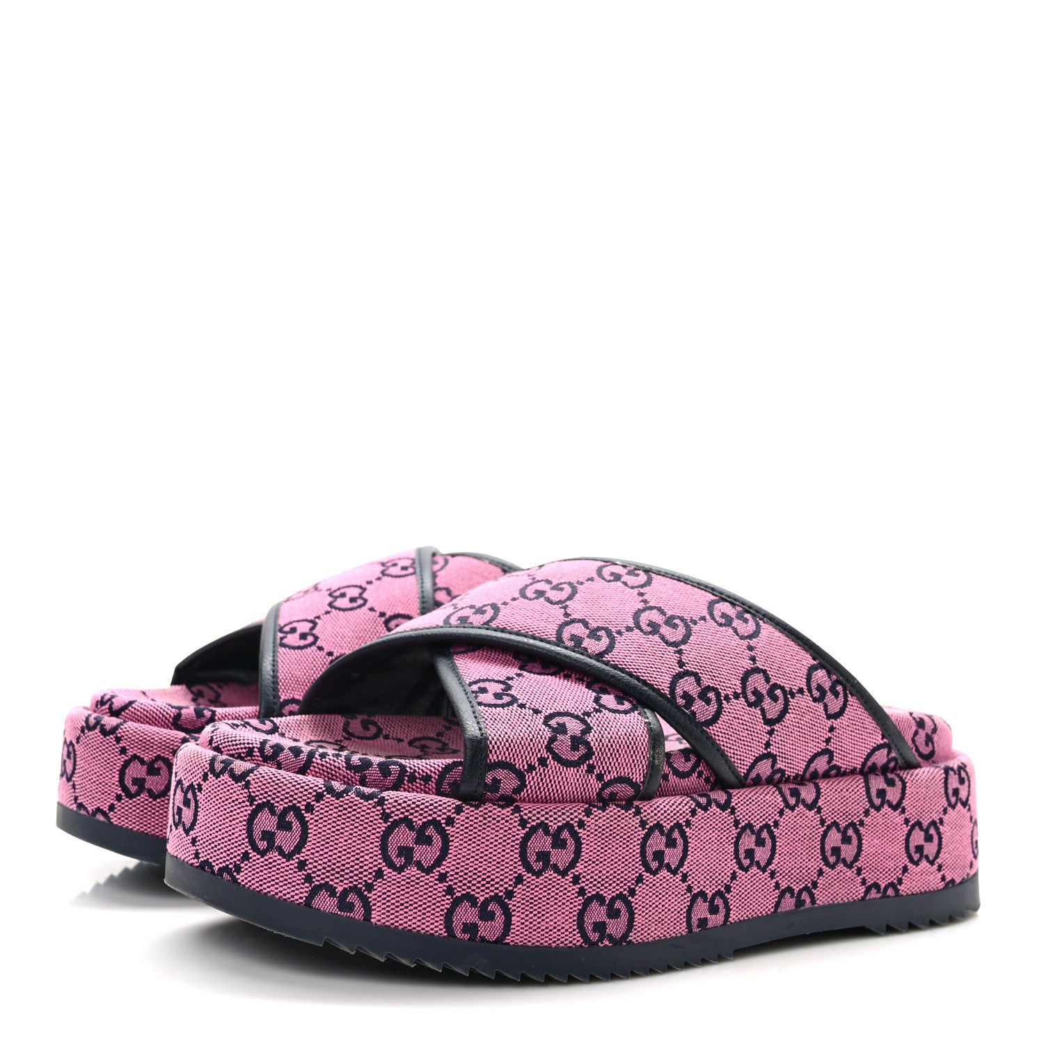 Gucci Monogram Multicolor Criss Cross Platform Slide Sandals 37.5 Pink Blue 3 of 8