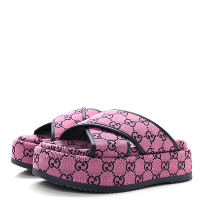 Gucci Monogram Multicolor Criss Cross Platform Slide Sandals 37.5 Pink Blue 3 of 8
