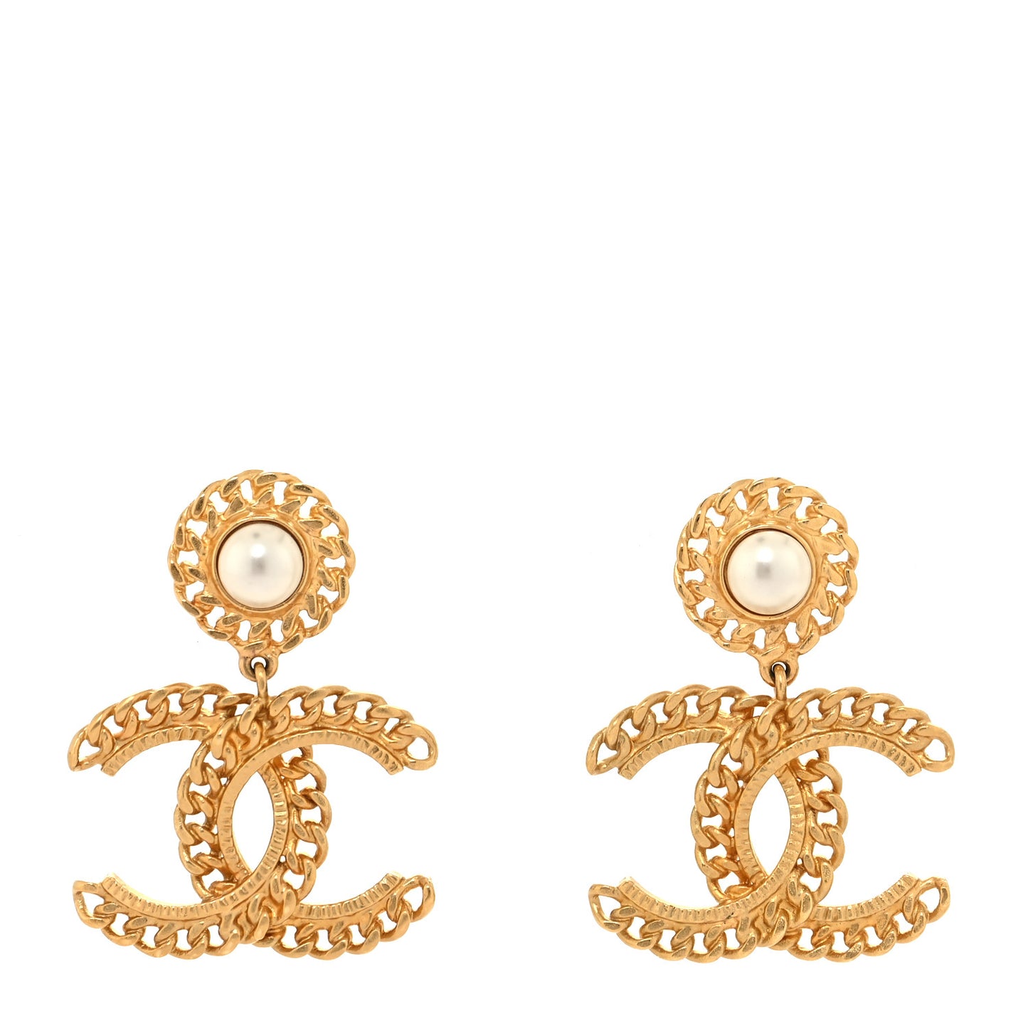 Metal Pearl CC Chain Drop Earrings Gold