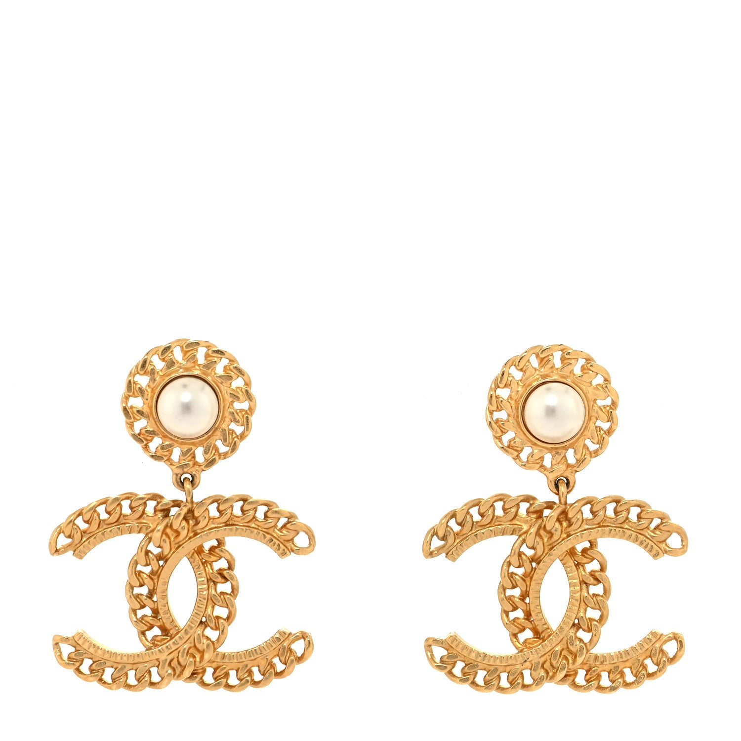 Chanel Metal Pearl CC Chain Drop Earrings Gold 1 of 4