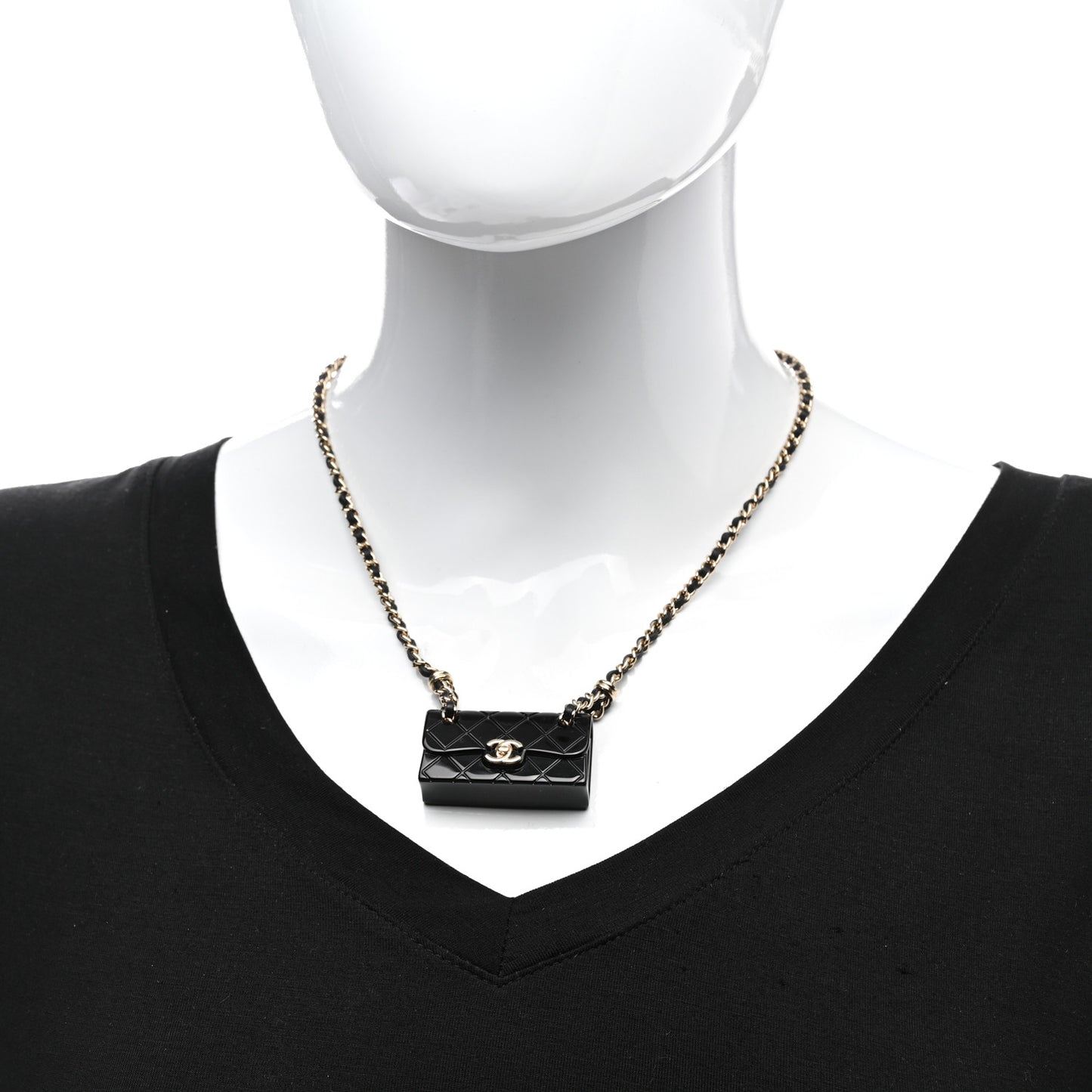 Metal Resin Calfskin Quilted CC Turnlock Chain Bag Necklace Gold Black
