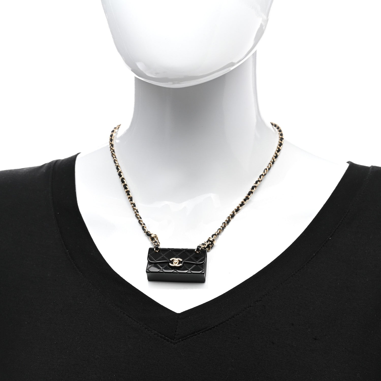 Chanel Metal Resin Calfskin Quilted CC Turnlock Chain Bag Necklace Gold Black 2 of 6