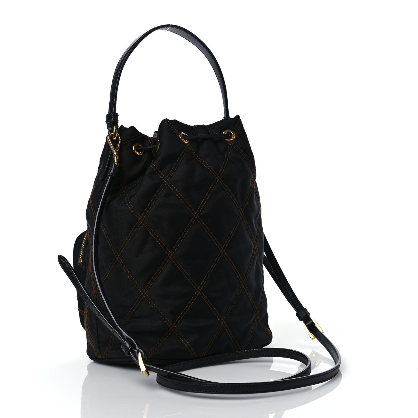 Saffiano Tessuto Nylon Impunturato Quilted Mini Bucket Crossbody Bag Black