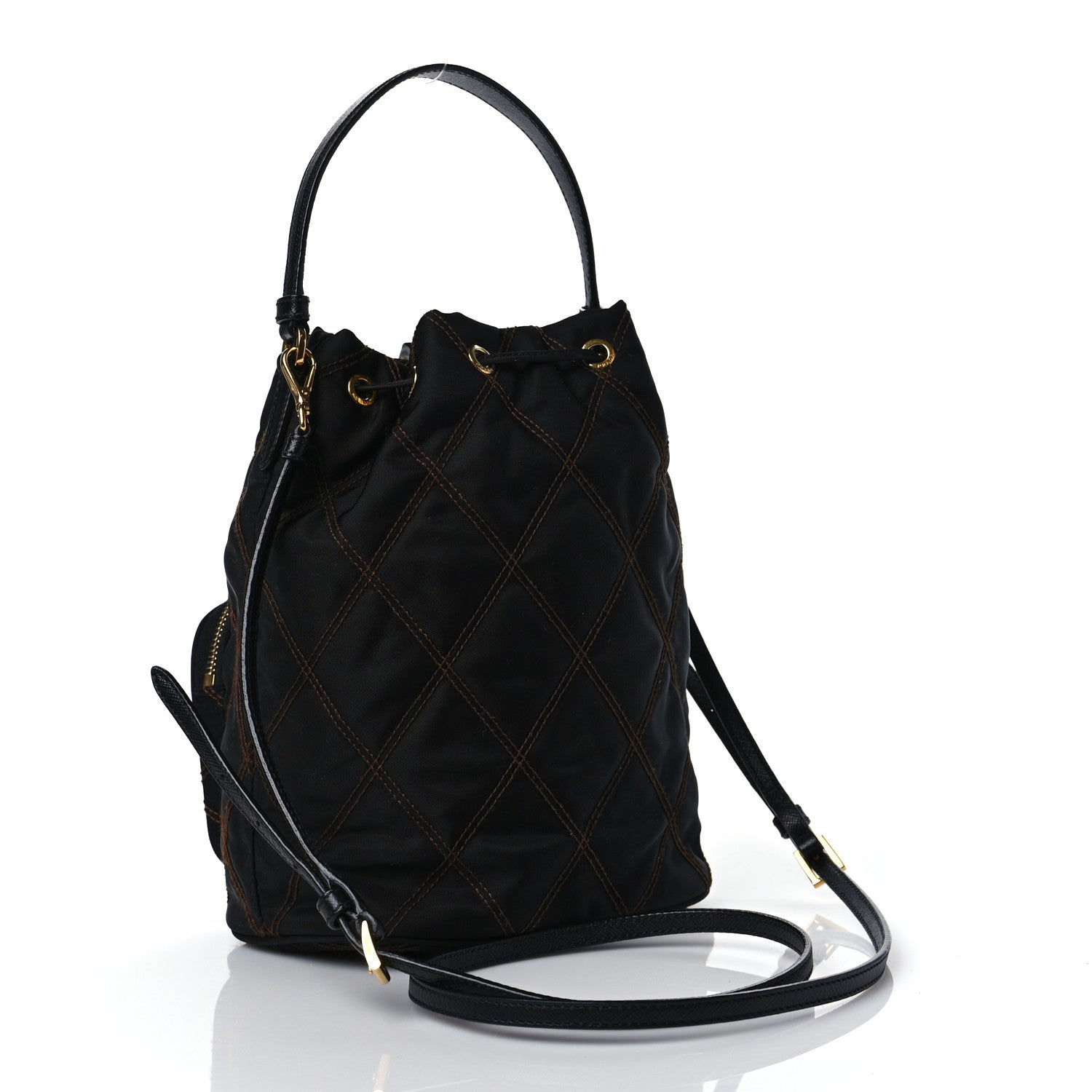 Prada Saffiano Tessuto Nylon Impunturato Quilted Mini Bucket Crossbody Bag Black 2 of 9