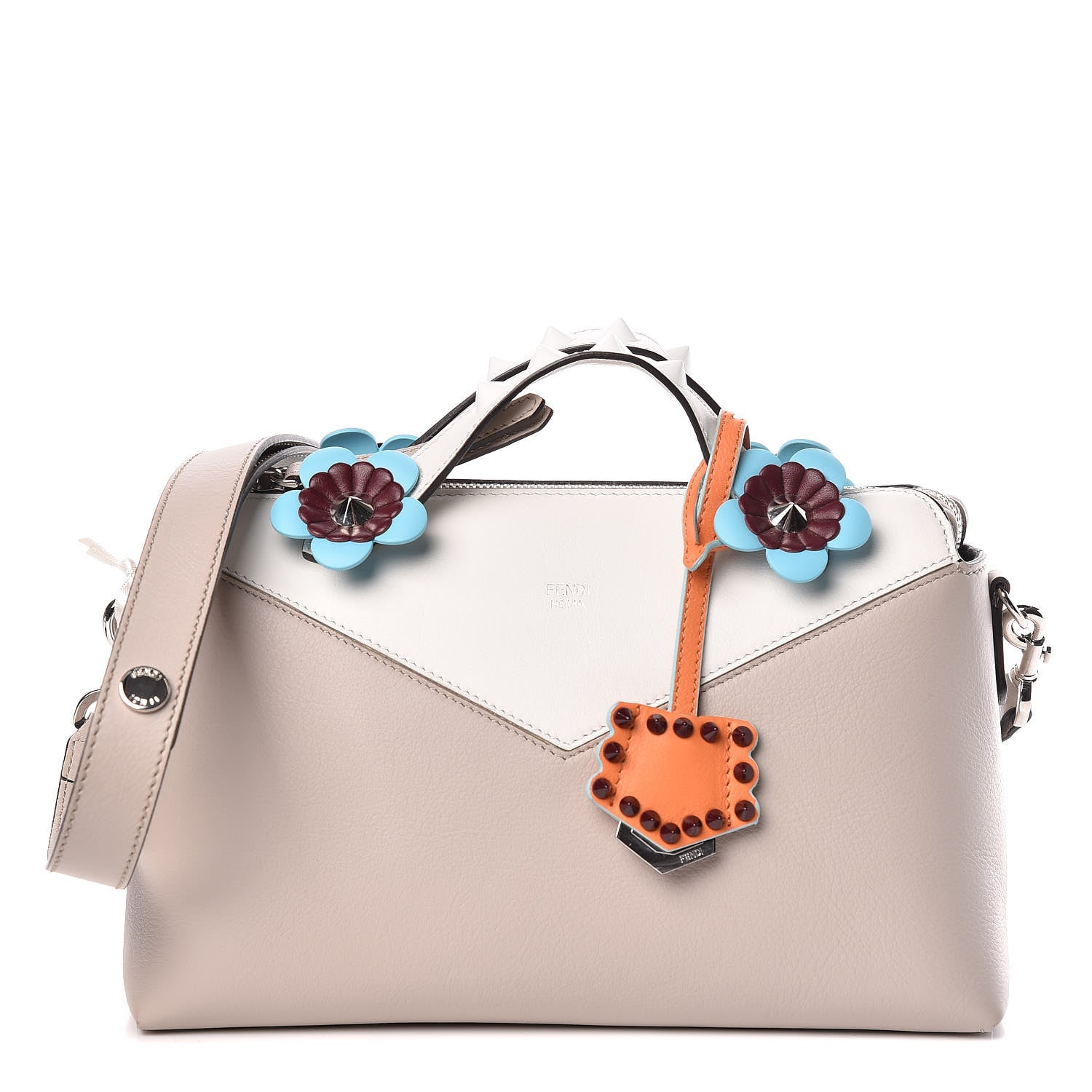 Fendi Vitello Dolce Flowerland Studded Medium By The Way Boston Bag Grigio Polvere White Ice Multicolor 1 of 10