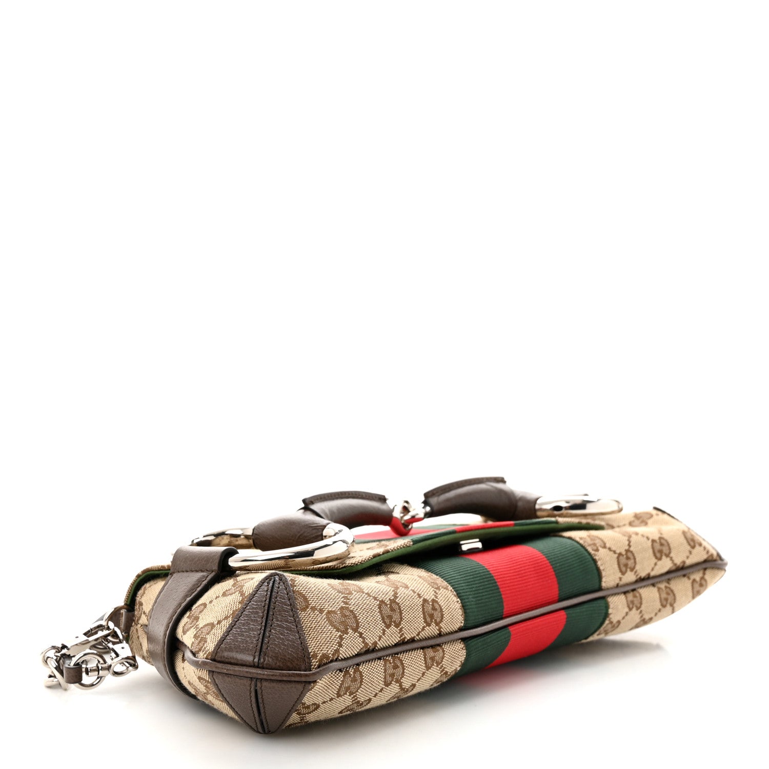 Gucci Monogram Textured Dollar Calfskin Heavy Grosgrain Web Medium Maxi Horsebit Chain Shoulder Bag Beige Ebony New Acero 4 of 11