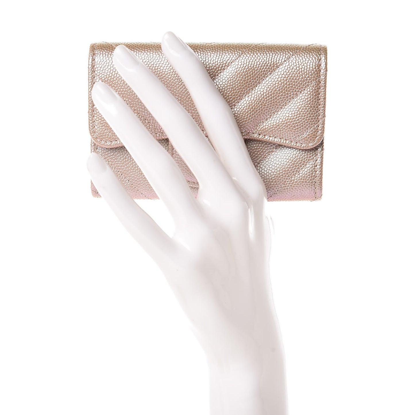 Metallic Caviar Chevron Quilted Flap Card Holder Light Gold