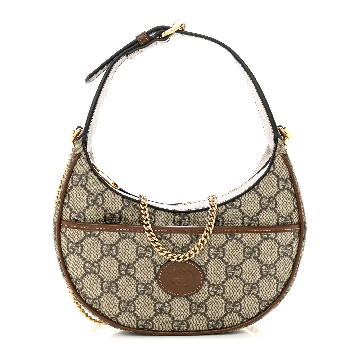 GG Supreme Monogram Azalea Calfskin Mini Retro Interlocking G Half Moon Bag Beige Ebony Brown Sugar