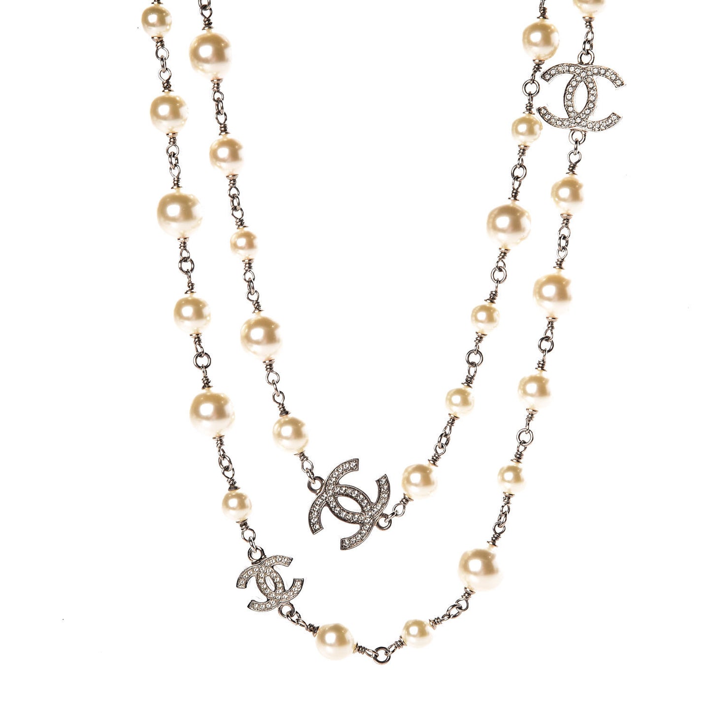 Crystal Pearl CC Long Necklace Silver
