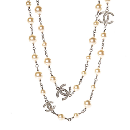 Chanel Crystal Pearl CC Long Necklace Silver 1 of 4