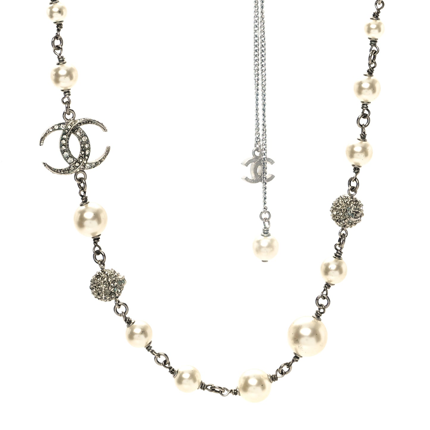 Crystal Pearl CC Short Chain Drop Necklace Silver
