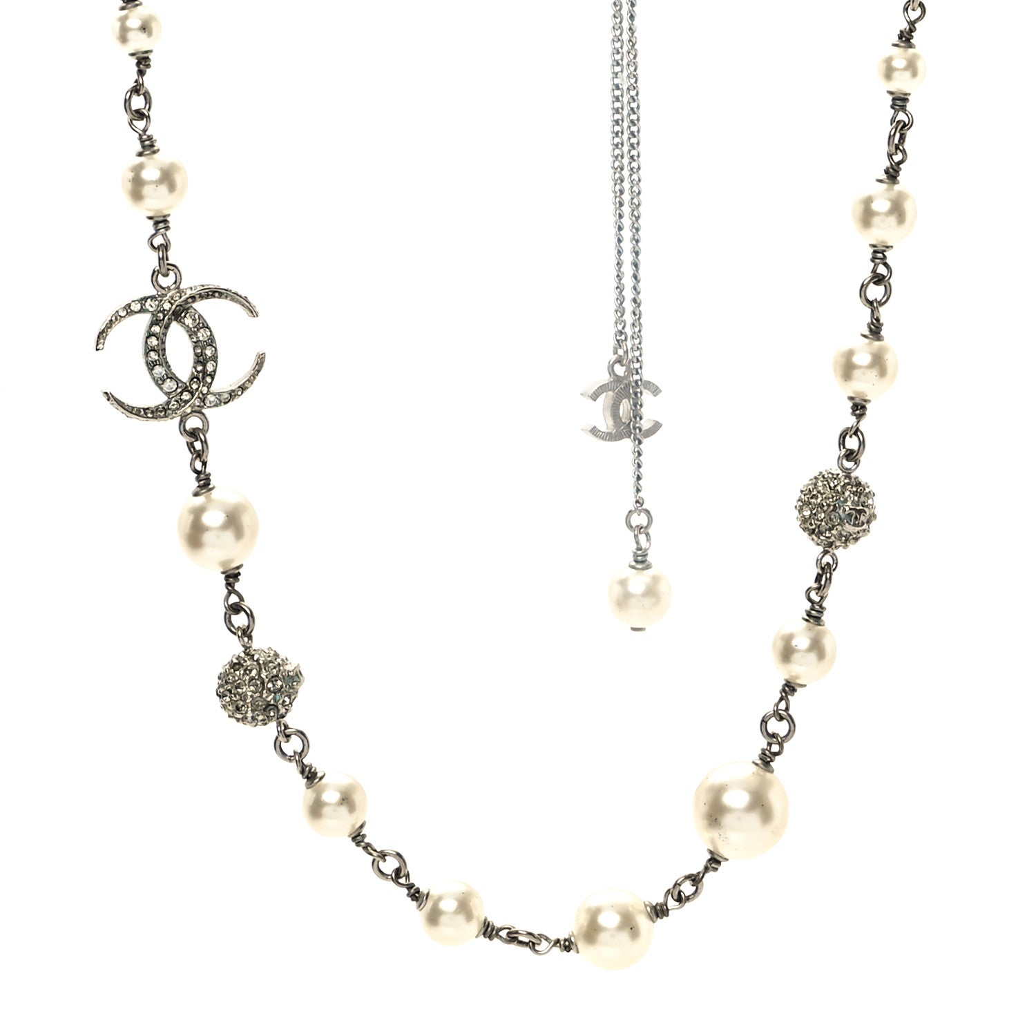Chanel Crystal Pearl CC Short Chain Drop Necklace Silver 1 of 6