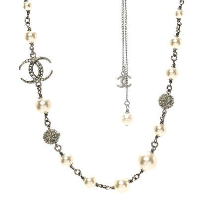 Chanel Crystal Pearl CC Short Chain Drop Necklace Silver 1 of 6