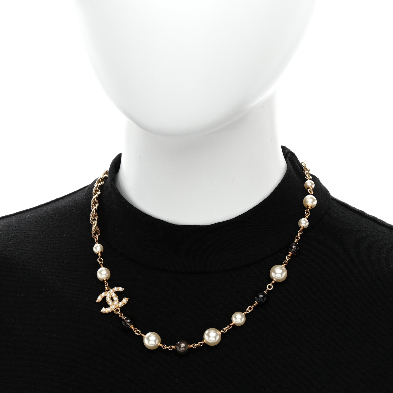 Chanel Pearl Bead CC Choker Necklace Gold Pearly White Black 2 of 6