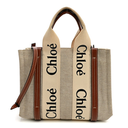 Chloe Cotton Calfskin Small Woody Ribbon Tote With Strap White Brown 1 of 10