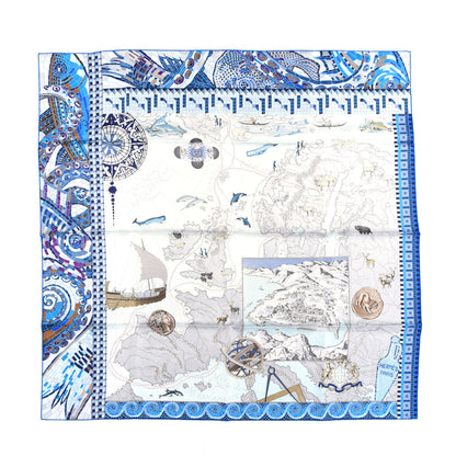 Hermes Silk Le Voyage De Pytheas Scarf 90 Cobalt Lagon Gris 1 of 5