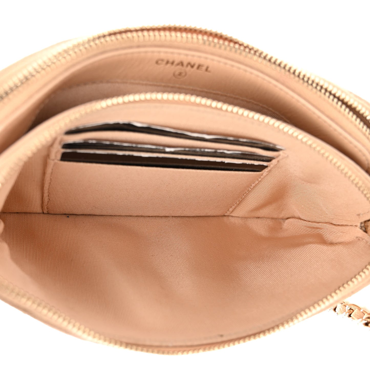 Iridescent Caviar Quilted Small Clutch With Chain Beige