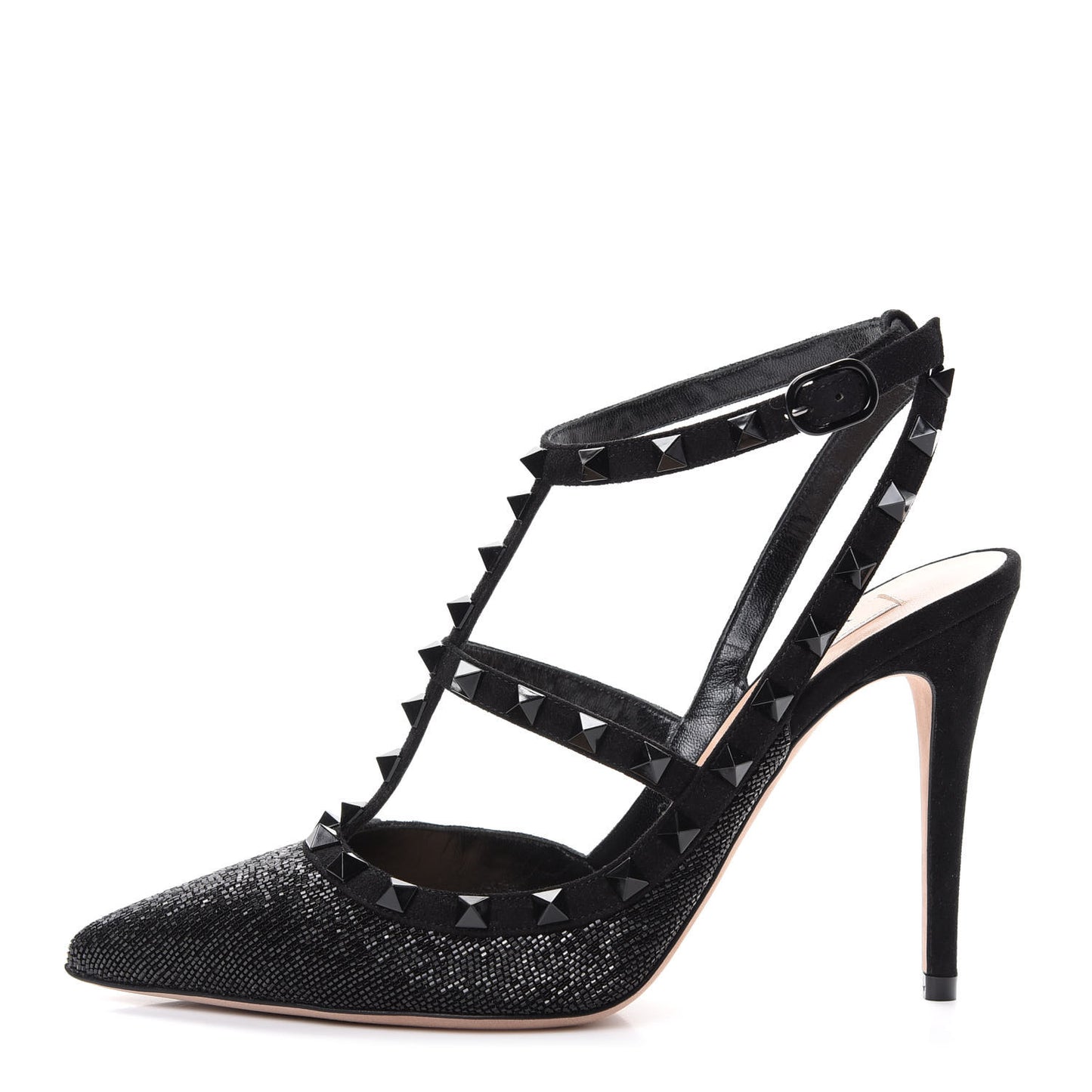 Suede Beaded Rockstud Ankle Strap 100mm Pumps 38 Black