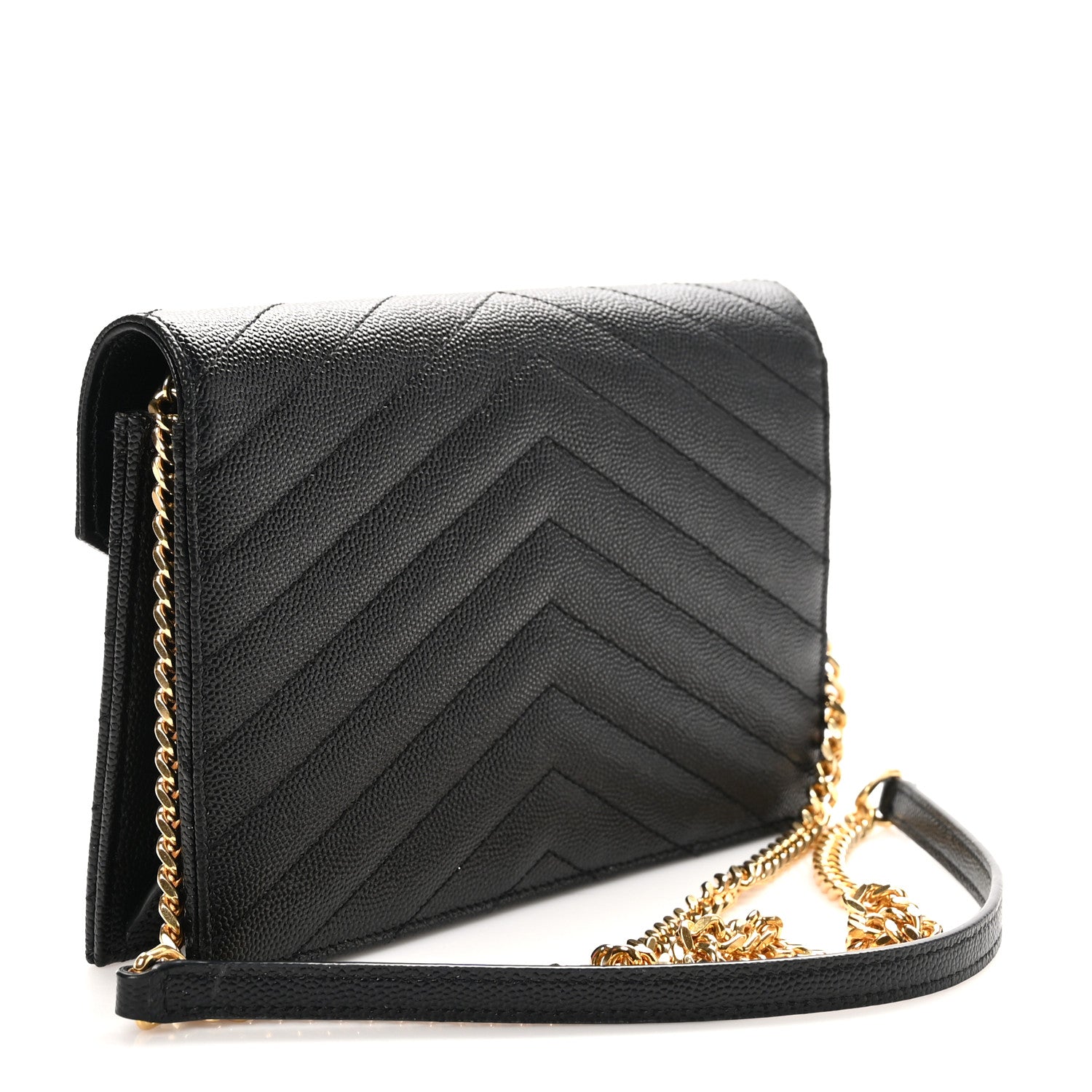 Saint Laurent Grain De Poudre Matelasse Chevron Monogram Envelope Chain Wallet Black 3 of 9